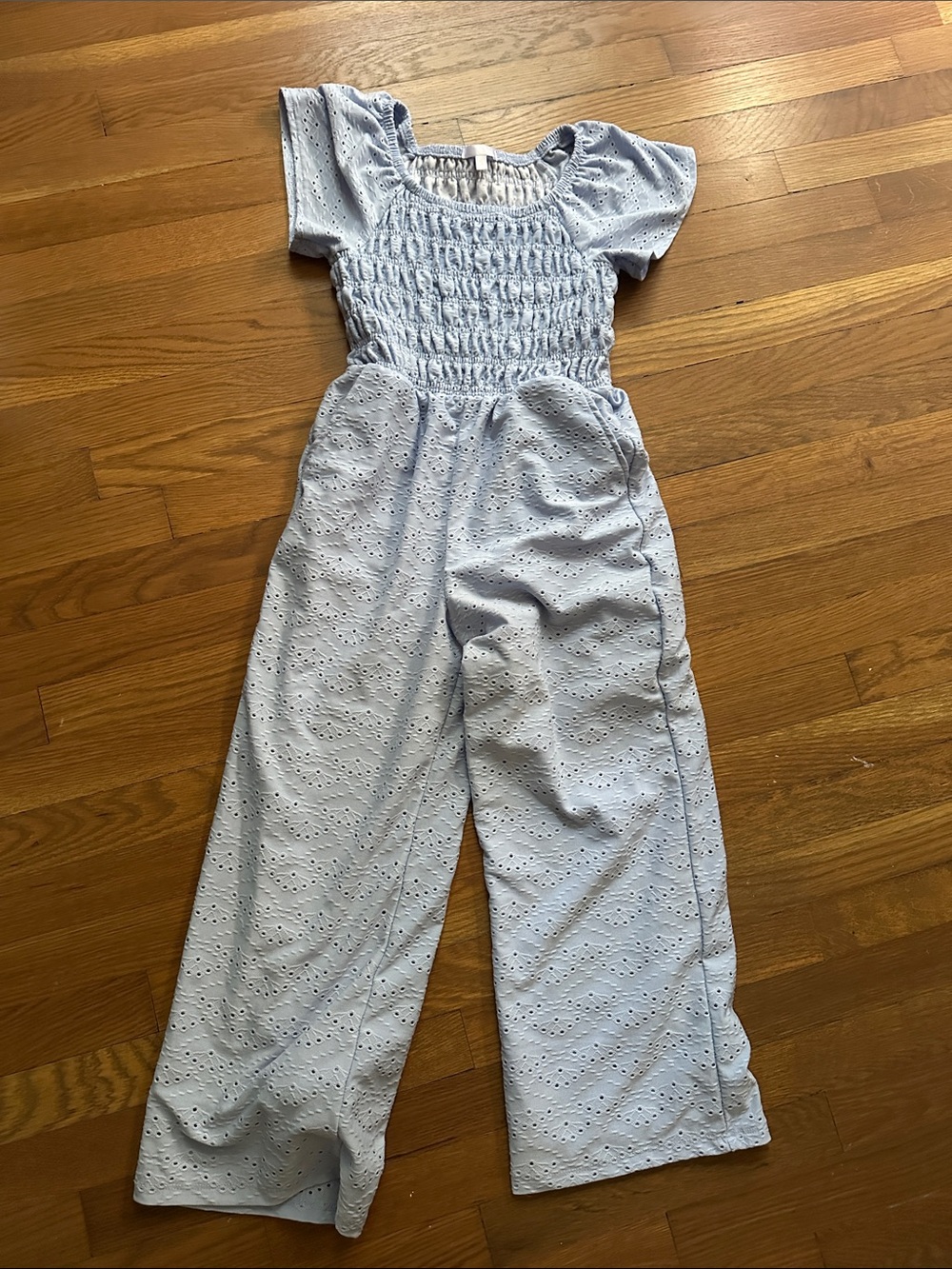 Light Blue Eyelet Smocked Jumpsuit